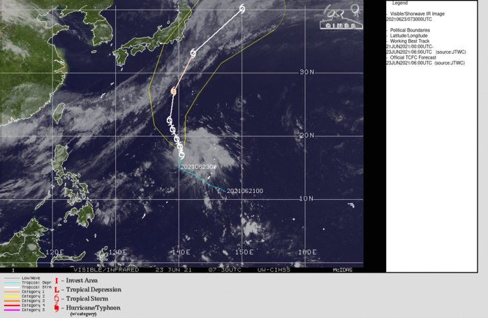 WARNING 10 ISSUED AT 23/09UTC.FORECAST DISCUSSION: TS 06W WILL TRACK MORE NORTH-NORTHWESTWARD AS  IT GETS STEERED AT A HIGHER LAYER ALONG THE WESTERN PERIPHERY OF THE  SUBTROPICAL RIDGE(STR), THEN AFTER 48H, MORE NORTHWARD AS IT CRESTS THE STR AXIS.  AFTER 72H, THE CYCLONE WILL ACCELERATE NORTH-NORTHEASTWARD ON THE  POLEWARD SIDE OF THE STR AXIS. THE MARGINALLY FAVORABLE ENVIRONMENT,  WILL FUEL A GRADUAL INTENSIFICATION TO A PEAK OF 65KNOTS/US CATEGORY 1 BY 72H AS POLEWARD OUTFLOW INCREASES DUE TO THE INITIAL  EXPOSURE TO THE PREVAILING WESTERLIES. AFTERWARD,  INCREASING VERTICAL WID SHEAR AND  COOLING SSTS WILL SLOWLY ERODE THE CYCLONE.CONCURRENTLY BY 96H, IT  WILL BEGIN EXTRA-TROPICAL TRANSITION (ETT) AS IT ENTERS THE COLD  BAROCLINIC ZONE AND MERGES WITH THE BAIYU FRONTAL BOUNDARY SOUTHEAST  OF JAPAN. BY 120H, TS CHAMPI WILL COMPLETE ETT AND EMBED INTO THE  GRADIENT FLOW AS A STRONG GALE-FORCE COLD CORE LOW WITH AN EXPANDING  WIND FIELD.