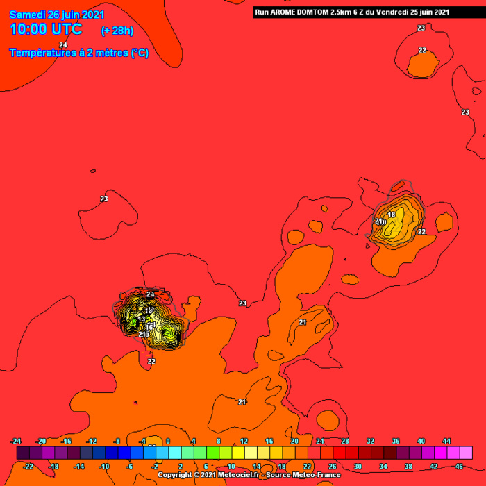 SAMEDI: les maximales absolues pourront atteindre  26/27° sur les franges littorales Nord et Ouest des ILES SOEURS. Mais il faudra retrancher 4 voire 5 degrés à ces valeurs là où le ciel sera nuageux et même pluvieux. En hauteur on attend à peine plus de 10° au volcan et autour de 18/19° à Grand Bassin/Maurice. Arome.MFRANCE.MCIEL.