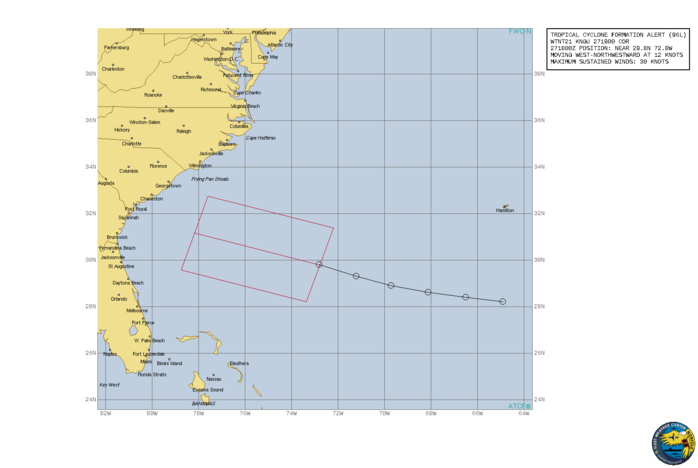 NORTH ATLANTIC. INVEST 96L. TROPICAL CYCLONE FORMATION ALERT ISSUED AT 27/19UTC.