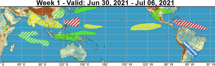 Over the West Pacific, formation odds are enhanced from the northern Philippines to near Guam during week-1. Over the West Pacific, formation odds are enhanced from the northern Philippines to near Guam during week-1.