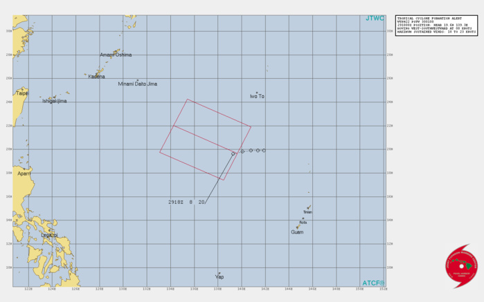 INVEST 95W: TROPICAL CYCLONE FORMATION ALERT ISSUED AT 30/01UTC.THE AREA OF CONVECTION (INVEST 95W) PREVIOUSLY LOCATED  NEAR 19.8N 140.1E IS NOW LOCATED NEAR 19.6N 139.3E, APPROXIMATELY  1390 KM SOUTHEAST OF KADENA AB. ANIMATED MULTISPECTRAL SATELLITE  IMAGERY AND A 291919Z SSMI 89GHZ MICROWAVE IMAGE DEPICT A  CONSOLIDATING LOW LEVEL CIRCULATION (LLC) WITH FLARING CONVECTION  SHEARED TO THE SOUTHWEST. FURTHERMORE, A TIMELY 292247Z ASCAT-A  IMAGE SHOWS A COMPACT AREA OF 20KT WINDS ALONG THE EASTERN SEMI- CIRCLE OF THE LLC. UPPER LEVEL ANALYSIS INDICATES THAT 95W IS IN A  FAVORABLE ENVIRONMENT FOR DEVELOPMENT WITH LOW TO MODERATE WIND  SHEAR (15-20KTS), GOOD EQUATORIAL OUTFLOW, AND WARM (30-31C) SEA  SURFACE TEMPERATURES (SST).