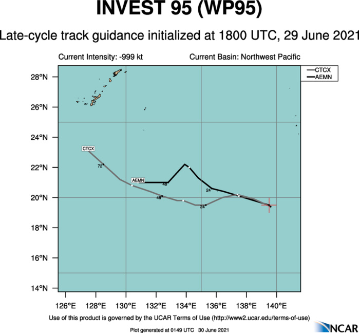 INVEST 95W. GLOBAL MODELS ARE IN GOOD AGREEMENT THAT  95W WILL CONTINUE TO TRACK WEST-SOUTHWESTWARD ALONG A SUBTROPICAL  RIDGE TO THE EAST AS IT STEADILY INTENSIFIES BEFORE TURNING TO A  MORE WEST-NORTHWESTWARD TRACK OVER THE NEXT 24-36 HOURS. INVEST 95W. GLOBAL MODELS ARE IN GOOD AGREEMENT THAT  95W WILL CONTINUE TO TRACK WEST-SOUTHWESTWARD ALONG A SUBTROPICAL  RIDGE TO THE EAST AS IT STEADILY INTENSIFIES BEFORE TURNING TO A  MORE WEST-NORTHWESTWARD TRACK OVER THE NEXT 24-36 HOURS.