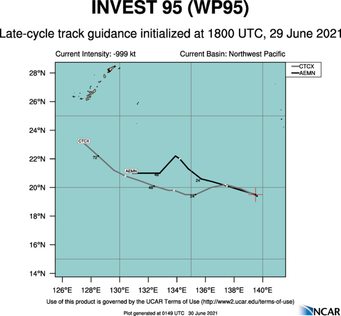 INVEST 95W. GLOBAL MODELS ARE IN GOOD AGREEMENT THAT  95W WILL CONTINUE TO TRACK WEST-SOUTHWESTWARD ALONG A SUBTROPICAL  RIDGE TO THE EAST AS IT STEADILY INTENSIFIES BEFORE TURNING TO A  MORE WEST-NORTHWESTWARD TRACK OVER THE NEXT 24-36 HOURS.
