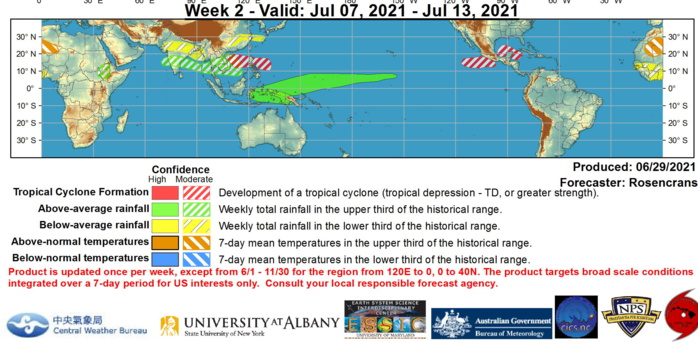 In week-2, the highest odds shift westward, more aligned with a phase-3 MJO event, stretching from the South China Sea across Luzon and potentially northward near Taiwan.