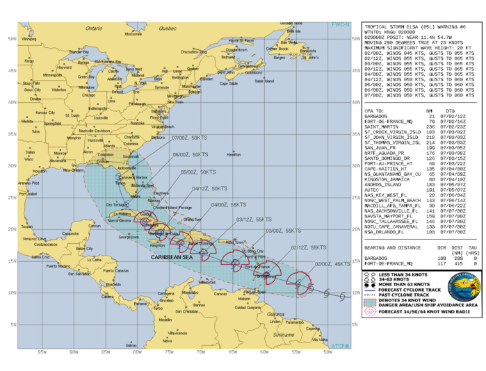 NORTH ATLANTIC. TROPICAL STORM 05L(ELSA). WARNING 6 ISSUED AT 02/03UTC. INTENSITY IS FORECAST TO PEAK AT 55NOTS WITHIN 48HOURS. 05L IS APPROACHING THE LESSER ANTILLES.