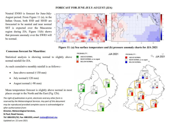 MAURICE. Les prévisions établies en Mai pour le trimestre suivant avançaient des quantités de pluies supérieures à la normale en Juin et proches de la normale en Juillet/Août. Les données de Juin confortent ces prévisions. MMS/Vacoas. MAURICE. Les prévisions établies en Mai pour le trimestre suivant avançaient des quantités de pluies supérieures à la normale en Juin et proches de la normale en Juillet/Août. Les données de Juin confortent ces prévisions. MMS/Vacoas.