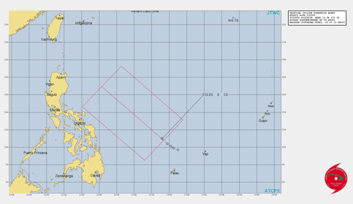 INVEST 96W. TROPICAL CYCLONE FORMATION ALERT ISSUED AT 03/1930UTC.ANIMATED ENHANCED INFRARED SATELLITE IMAGERY AND A 031605Z GMI 89GHZ MICROWAVE IMAGE DEPICT A BROAD CIRCULATION WITH IMPROVED CURVED BANDING IN THE  NORTHERN PERIPHERY. ENVIRONMENTAL ANALYSIS SHOWS FAVORABLE  CONDITIONS FOR DEVELOPMENT, WITH AN UPPER-LEVEL TROUGH REORIENTING  TO THE NORTHWEST INCREASING POLEWARD OUTFLOW, MODERATE (15-20 KTS)  VERTICAL WIND SHEAR (VWS), AND VERY WARM (30-31C) SEA SURFACE  TEMPERATURES (SST).