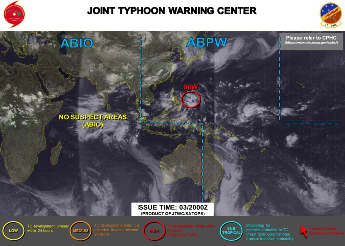 03/20UTC. INVEST 96W IS UP-GRADED TO HIGH: HIGH CHANCES OF DEVELOPING 25KNOT WINDS NEAR ITS CENTER WITHIN 24HOURS.