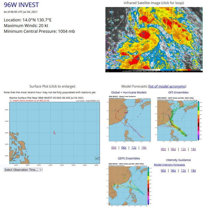 INVEST 96W.ANIMATED MULTISPECTRAL SATELLITE  IMAGERY (MSI) AND A 040444Z AMSR2 89GHZ MICROWAVE IMAGE DEPICT  CURVED DEEP CONVECTIVE BANDING WRAPPING INTO A LOW LEVEL  CIRCULATION. ENVIRONMENTAL ANALYSIS SHOWS FAVORABLE CONDITIONS FOR  DEVELOPMENT, WITH GOOD POLEWARD OUTFLOW, VERY WARM (30-31C) SEA  SURFACE TEMPERATURES (SST), AND LOW (10-15KTS) VERTICAL WIND SHEAR  (VWS). NUMERICAL MODELS ARE IN GENERAL AGREEMENT THAT 96W WILL TRACK  NORTHWESTWARD BUT ARE SPLIT REGARDING INTENSIFICATION, WITH GFS  SHOWING DEVELOPMENT IN THE NEXT 24 HOURS BUT NAVGEM, ECMWF, AND JMA  STAYING BELOW WARNING CRITERIA. INVEST 96W.ANIMATED MULTISPECTRAL SATELLITE  IMAGERY (MSI) AND A 040444Z AMSR2 89GHZ MICROWAVE IMAGE DEPICT  CURVED DEEP CONVECTIVE BANDING WRAPPING INTO A LOW LEVEL  CIRCULATION. ENVIRONMENTAL ANALYSIS SHOWS FAVORABLE CONDITIONS FOR  DEVELOPMENT, WITH GOOD POLEWARD OUTFLOW, VERY WARM (30-31C) SEA  SURFACE TEMPERATURES (SST), AND LOW (10-15KTS) VERTICAL WIND SHEAR  (VWS). NUMERICAL MODELS ARE IN GENERAL AGREEMENT THAT 96W WILL TRACK  NORTHWESTWARD BUT ARE SPLIT REGARDING INTENSIFICATION, WITH GFS  SHOWING DEVELOPMENT IN THE NEXT 24 HOURS BUT NAVGEM, ECMWF, AND JMA  STAYING BELOW WARNING CRITERIA.