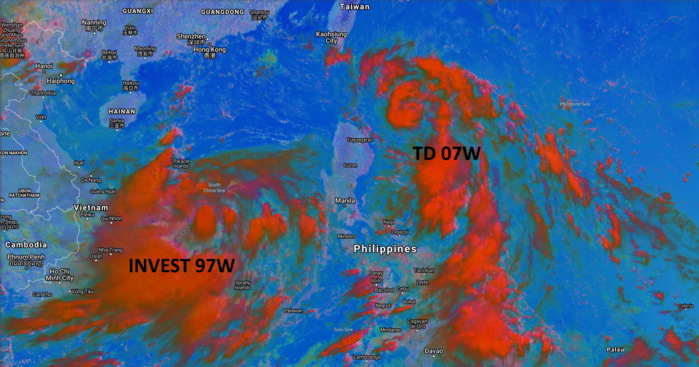 SATELLITE ANALYSIS, INITIAL POSITION AND INTENSITY DISCUSSION: ANIMATED MULTISPECTRAL SATELLITE IMAGERY (MSI) SUGGESTS THAT THE OVERALL CIRCULATION ASSOCIATED WITH TD 07W HAS IMPROVED SLIGHTLY. LOW-LEVEL CURVED BANDS ARE NOW CLEARLY EVIDENT IN THE SOUTHERN SECTOR, WRAPPING INTO A VERY COMPACT LOW LEVEL CIRCULATION CENTER (LLCC), INDICATING THAT A DISTINCT CLOSED LLCC HAS PINCHED OFF FROM THE LARGER TROUGH IN WHICH TD 07W WAS PREVIOUSLY EMBEDDED. FROM A CONVECTIVE STANDPOINT HOWEVER, THE SYSTEM REMAINS DISORGANIZED, WITH CONVECTION FLARING ALONG THE FEEDER BANDS BUT FAILING TO MAINTAIN ITSELF OVER OR NEAR THE CORE. THE SYSTEM HAS SPED UP SIGNIFICANTLY OVER THE PAST FEW HOURS, NOW MOVING AT LEAST 41 KM/H TOWARDS THE NORTHWEST, ALONG A TIGHTENED GRADIENT ON THE SOUTHWESTERN PERIPHERY OF A DEEP SUBTROPICAL RIDGE TO THE NORTHEAST. THE INITIAL POSITION WAS PLACED WITH MODERATE CONFIDENCE INITIALLY BUT LATE RECEIPT OF A 050023Z ASCAT-A PASS PROVIDES HIGH CONFIDENCE TO THE POSITION. THE INITIAL INTENSITY IS ASSESSED WITH MODERATE CONFIDENCE BASED ON A T2.0 (30 KTS) DVORAK INTENSITY ESTIMATE FROM KNES AND THE PREVIOUSLY MENTIONED ASCAT-A PASS, WHICH DOES SHOW A SLIGHT FURTHERANCE OF THE WRAP IN THE WIND FIELD IN THE NORTHERN QUADRANT, AND A PATCH OF 30 KNOT WINDS IN THE NORTHEAST THROUGH SOUTHEAST QUADRANTS. SATELLITE ANALYSIS, INITIAL POSITION AND INTENSITY DISCUSSION: ANIMATED MULTISPECTRAL SATELLITE IMAGERY (MSI) SUGGESTS THAT THE OVERALL CIRCULATION ASSOCIATED WITH TD 07W HAS IMPROVED SLIGHTLY. LOW-LEVEL CURVED BANDS ARE NOW CLEARLY EVIDENT IN THE SOUTHERN SECTOR, WRAPPING INTO A VERY COMPACT LOW LEVEL CIRCULATION CENTER (LLCC), INDICATING THAT A DISTINCT CLOSED LLCC HAS PINCHED OFF FROM THE LARGER TROUGH IN WHICH TD 07W WAS PREVIOUSLY EMBEDDED. FROM A CONVECTIVE STANDPOINT HOWEVER, THE SYSTEM REMAINS DISORGANIZED, WITH CONVECTION FLARING ALONG THE FEEDER BANDS BUT FAILING TO MAINTAIN ITSELF OVER OR NEAR THE CORE. THE SYSTEM HAS SPED UP SIGNIFICANTLY OVER THE PAST FEW HOURS, NOW MOVING AT LEAST 41 KM/H TOWARDS THE NORTHWEST, ALONG A TIGHTENED GRADIENT ON THE SOUTHWESTERN PERIPHERY OF A DEEP SUBTROPICAL RIDGE TO THE NORTHEAST. THE INITIAL POSITION WAS PLACED WITH MODERATE CONFIDENCE INITIALLY BUT LATE RECEIPT OF A 050023Z ASCAT-A PASS PROVIDES HIGH CONFIDENCE TO THE POSITION. THE INITIAL INTENSITY IS ASSESSED WITH MODERATE CONFIDENCE BASED ON A T2.0 (30 KTS) DVORAK INTENSITY ESTIMATE FROM KNES AND THE PREVIOUSLY MENTIONED ASCAT-A PASS, WHICH DOES SHOW A SLIGHT FURTHERANCE OF THE WRAP IN THE WIND FIELD IN THE NORTHERN QUADRANT, AND A PATCH OF 30 KNOT WINDS IN THE NORTHEAST THROUGH SOUTHEAST QUADRANTS.
