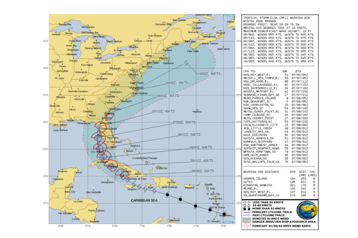 NORTH ATLANTIC. TS 05L(ELSA). WARNING 19 ISSUED AT 05/03UTC.TRACKING SOUTH OF CUBA WHILE INTENSIFYING SLIGHTLY TO 60KNOTS WITHIN 12H.