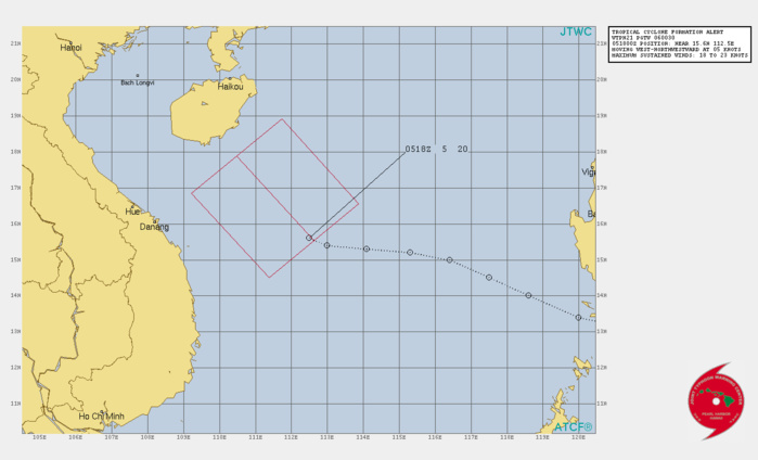 INVEST 97W. TROPICAL CYCLONE FORMATION ALERT ISSUED AT 06/0030UTC.ANIMATED MULTISPECTRAL SATELLITE IMAGERY AND A 052108Z SSMI 85GHZ MICROWAVE IMAGE DEPICTS A BROAD LOW  LEVEL CIRCULATION (LLC) WITH FLARING CONVECTION SHEARED ALONG THE  WESTERN SEMICIRCLE OF THE LLC. UPPER-LEVEL ANALYSIS REVEALS A  FAVORABLE ENVIRONMENT FOR DEVELOPMENT WITH LOW TO MODERATE VERTICAL  WIND SHEAR (VWS), GOOD POLEWARD OUTFLOW, AND WARM SEA SURFACE  TEMPERATURES (30-31C).