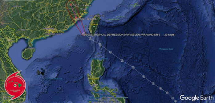 TD 07W. FINAL WARNING ISSUED AT 06/03UTC.ANIMATED MULTISPECTRAL SATELLITE  IMAGERY (MSI) SHOWS THAT THE PREVIOUS CONVECTION ASSOCIATED WITH TD  07W HAS BEEN SIGNIFICANTLY SHEARED, REVEALING A WEAK, EXPANSIVE LOW  LEVEL CIRCULATION (LLC). A 060003Z ASCAT-A IMAGE DEPICTING A BROAD,  WEAK WIND FIELD CONFIRMS THAT THE LLC RAPIDLY DISSIPATED OVER THE  PAST SIX HOURS. FURTHERMORE, THE ASCAT SHOWS MAXIMUM WINDS OF 20 KNOTS  TO THE SOUTHWEST OF THE SYSTEM, LENDING MEDIUM CONFIDENCE TO THE  INITIAL INTENSITY. THE INITIAL INTENSITY IS FURTHER SUPPORTED BY  PGTW AND KNES DVORAK INTENSITY FIXES WITH DATA T-NUMBERS OF T1.0-1.5 (25 KNOTS) AND A 062100Z SURFACE OBSERVATION OF 19 KNOTS AT HENGHUN (160  KM EAST OF THE INITIAL POSITION). THE REMNANTS OF THIS SYSTEM ARE  FORECAST TO TRACK NORTH-NORTHWESTWARD INTO SOUTHEAST CHINA. THIS IS  THE FINAL WARNING ON THIS SYSTEM BY THE JOINT TYPHOON WRNCEN PEARL  HARBOR HI.