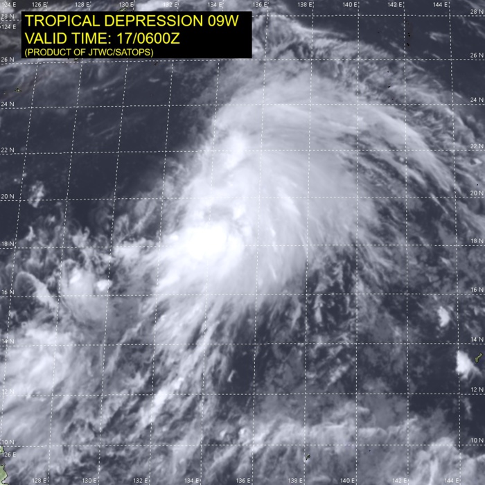 TD 09W.SATELLITE ANALYSIS, INITIAL POSITION AND INTENSITY DISCUSSION: ANIMATED MULTISPECTRAL SATELLITE IMAGERY (MSI) DEPICTS AN EXPOSED, BROAD LOW-LEVEL CIRCULATION CENTER (LLCC) POSITIONED ALONG THE WESTERN EDGE OF  A SWATH OF DEEP CONVECTION ASSOCIATED WITH AN EXTENSIVE SWATH OF CONVERGENT SOUTHERLY LOW-LEVEL FLOW. A 170415UTC AMSR2 89GHZ COMPOSITE MICROWAVE IMAGE REVEALS WEAKLY-DEFINED SHALLOW BANDING WRAPPING AROUND AN ELONGATED, DEFINED LLCC. THE INITIAL POSITION IS PLACED WITH MEDIUM CONFIDENCE BASED ON MSI AND THE AFOREMENTIONED AMSR2 IMAGE. THE INITIAL INTENSITY OF 30 KNOTS IS ASSESSED WITH MEDIUM CONFIDENCE BASED ON THE DVORAK ESTIMATE FROM KNES AND A 162335Z ASCAT-A PARTIAL IMAGE SHOWING A SWATH OF 25-30 KNOT SOUTHERLY WINDS OVER THE EASTERN PERIPHERY. ENVIRONMENTAL ANALYSIS INDICATES MARGINALLY FAVORABLE CONDITIONS WITH CONVERGENT UPPER-LEVEL WESTERLIES AND MID-LEVEL DRY AIR ENTRAINMENT OVER THE WESTERN SEMICIRCLE OFFSET BY ROBUST POLEWARD AND EQUATORWARD OUTFLOW AND WARM SST VALUES.