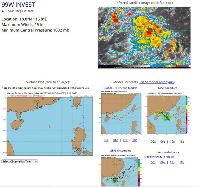 INVEST 99W. ANIMATED MULTISPECTRAL SATELLITE IMAGERY DEPICTS BROAD TURNING WITH FORMATIVE CONVECTIVE  BANDING OVER THE NORTHEAST QUADRANT. A 170232Z METOP-B ASCAT IMAGE  REVEALS 15KNOT WIND BARBS IN THE NORTHERN SEMICIRCLE AND WEAKER WINDS  ELSEWHERE, WRAPPING INTO A BROAD LOW LEVEL CIRCULATION CENTER  (LLCC). ENVIRONMENTAL ANALYSIS INDICATES FAVORABLE CONDITIONS WITH  GOOD WESTWARD OUTFLOW ALOFT, LOW (5-10 KTS) VERTICAL WIND SHEAR AND  WARM (31-32C) SEA SURFACE TEMPERATURES.