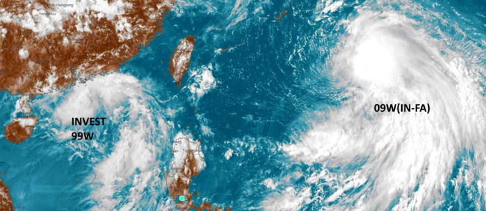 18/0715UTC. TS 09W: SATELLITE ANALYSIS, INITIAL POSITION AND INTENSITY DISCUSSION: ANIMATED MULTISPECTRAL SATELLITE IMAGERY DEPICTS AN EXPOSED, WELL-DEFINED LOW-LEVEL CIRCULATION CENTER (LLCC) POSITIONED ALONG THE WESTERN EDGE OF A SYMMETRIC AREA OF DEEP CONVECTION. AN 180651UTC SSMI 85GHZ COMPOSITE MICROWAVE IMAGE ALSO REVEALS SHALLOW BANDING WRAPPING INTO A DEFINED LLCC WITH CURVED DEEP CONVECTIVE BANDING OVER THE EASTERN QUADRANT, WHICH SUPPORTS THE INITIAL POSITION WITH HIGH CONFIDENCE. THE INITIAL INTENSITY OF 35 KNOTS IS HEDGED SLIGHTLY ABOVE THE PGTW, RJTD DVORAK ESTIMATES BASED ON ASCAT DATA SHOWING A SWATH OF 30-40 KNOT SOUTHERLY WINDS OVER THE EASTERN PERIPHERY. ENVIRONMENTAL ANALYSIS INDICATES MARGINALLY FAVORABLE CONDITIONS  WITH GRADUALLY IMPROVING POLEWARD OUTFLOW OVER THE WESTERN  SEMICIRCLE AS THE UPPER LOW TO THE NORTH-NORTHWEST WEAKENS AND  SHIFTS POLEWARD INTO THE WEST SEA. ALTHOUGH MID-LEVEL DRY AIR  ENTRAINMENT AND MODERATE VERTICAL WIND SHEAR (VWS) CONTINUE TO  HINDER CONVECTIVE DEVELOPMENT OVER THE LLCC, EQUATORWARD OUTFLOW  REMAINS ROBUST WITH WARM SST VALUES.