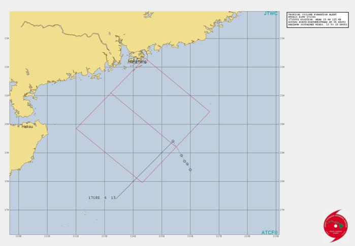 INVEST 99W. TROPICAL CYCLONE FORMATION ALERT ISSUED AT 17/23UTC, 18/06UTC UPDATE. ANIMATED MULTISPECTRAL SATELLITE  IMAGERY DEPICTS STRONG MIDLEVEL TURNING WITH FORMATIVE BANDING  ASSOCIATED WITH FLARING CONVECTION WRAPPING INTO A LOW LEVEL  CIRCULATION CENTER (LLCC). A PARTIAL 172344UTC SSMIS 91GHZ MICROWAVE  IMAGE SHOWS LOW LEVEL BANDING WRAPPING INTO THE LLCC WITH DEEP  CONVECTION OVER THE NORTHERN SEMI-CIRCLE. ENVIRONMENTAL ANALYSIS  INDICATES FAVORABLE CONDITIONS FOR DEVELOPMENT WITH WESTWARD OUTFLOW  ALOFT, LOW (10-15 KTS) VERTICAL WIND SHEAR, AND WARM (31-32C) SEA  SURFACE TEMPERATURES.