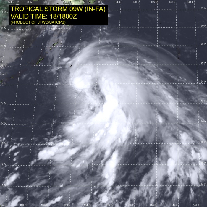 09W(IN-FA).SATELLITE ANALYSIS, INITIAL POSITION AND INTENSITY DISCUSSION: ANIMATED ENHANCED INFRARED (EIR) SATELLITE IMAGERY DEPICTS AREA OF VIGOROUS DEEP CONVECTION WRAPPING INTO A RAGGED CENTRAL CORE. TRACKING OF THE CENTER HAS BEEN DIFFICULT IN THE OVERNIGHT HOURS, HOWEVER AN 181708UTC AMSR2 IMAGE ARRIVED LATE IN THE CYCLE TO ASSIST. THE AMSR LOW LEVEL CIRCULATION CENTER (LLCC) APPEARS BROAD AND ILL-DEFINED, WITH DEEP CONVECTION DISPLACED TO THE NORTHEAST. THE INITIAL INTENSITY WAS ROUNDED UP FROM THE KNES T3.0 (45 KNOTS) TO 50 KNOTS BASED ON THE AMSR WINDSPEED DATA PRODUCT. THE LARGE SIZE OF 09W COMBINED WITH REMNANTS OF DRY AIR ARE INHIBITING THE SYSTEM FROM INTENSIFYING AT A FASTER RATE, DESPITE AN OTHERWISE FAVORABLE ENVIRONMENT.