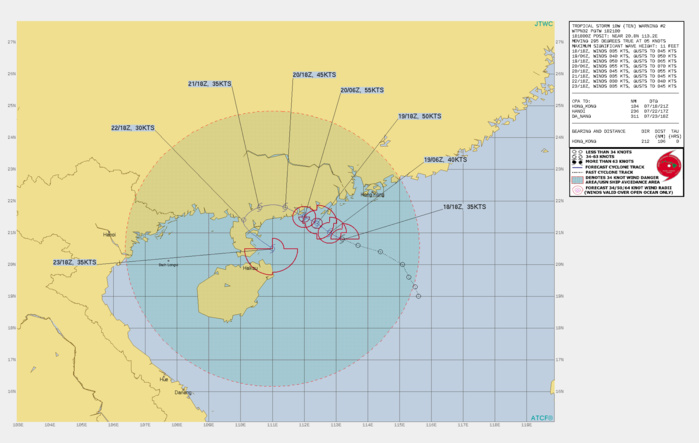 TS 10W. WARNING 2 ISSUED AT 18/21UTC.THERE ARE NO SIGNIFICANT CHANGES TO THE FORECAST FROM THE PREVIOUS WARNING.  FORECAST DISCUSSION: TS 10W IS FORECAST TO CONTINUE STEADILY TRACKING WEST-NORTHWESTWARD TO WESTWARD THROUGH 72H UNDER THE STEERING INFLUENCE OF THE WEAK SUBTROPICAL RIDGE TO THE NORTH. AFTER 72H, THE SYSTEM WILL SLOW UNDER COMPETING STEERING INFLUENCES AND TURN GRADUALLY BACK TO THE SOUTHEAST UNDER THE STEERING INFLUENCE OF THE LOW-LEVEL WESTERLY FLOW THAT IS EXPECTED TO BUILD IN TO THE SOUTH THROUGH THE COMING DAYS. IN GENERAL, THE NUMERICAL MODEL GUIDANCE SUPPORTS THE FORECAST TRACK, HOWEVER, THERE IS A LARGE DEGREE OF SPREAD DUE TO THE COMPLEX, EVOLVING SYNOPTIC STEERING ENVIRONMENT. TS 10W SHOULD INTENSIFY TO A PEAK OF 55 KNOTS AT 36H JUST PRIOR TO LANDFALL WITH STEADY WEAKENING AS THE SYSTEM TRACKS OVER LAND. TD 10W WILL LIKELY RE-INTENSIFY NEAR 120H OR SHORTLY AFTER REEMERGING BACK OVER WATER. THE INTENSITY IS HIGHLY DEPENDENT ON THE DEGREE THAT THE ACTUAL TRACK REMAINS OVERS LAND, AND COULD BE HIGHER IF TS 10W REMAINS NEAR THE COAST.