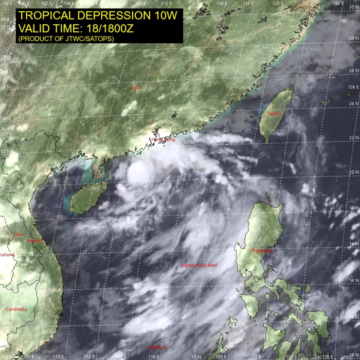 TS 10W. SATELLITE ANALYSIS, INITIAL POSITION AND INTENSITY DISCUSSION: ANIMATED ENHANCED INFRARED (EIR) SATELLITE IMAGERY DEPICTS A COMPACT AREA OF DISORGANIZED PERSISTENT CONVECTION. THE INITIAL POSITION IS PLACED WITH MEDIUM CONFIDENCE BASED ON EXTRAPOLATION FROM A 181413UTC ASCAT-C PASS WITH GOOD COVERAGE OF THE LOW LEVEL CIRCULATION CENTER (LLCC), AS WELL AS RADAR FIXES. DESPITE BEING GENERALLY CHARACTERIZED BY 30 KNOT BARBS IN THE EARLIER ASCAT, THE INTENSITY WAS SET AT 35 KNOTS WHICH IS SLIGHTLY HIGHER THAN AGENCY FIXES, BASED ON IMPROVING BANDING STRUCTURES IN THE RADAR LOOP, AND ASSUMING SLIGHT INTENSIFICATION HAS OCCURRED SINCE THE ASCAT OVERPASS TIME. THE COMPACT NATURE OF 10W ALSO SUGGESTS THAT DVORAK ESTIMATES MAY BE SLIGHTLY UNDER-REPRESENTATIVE.