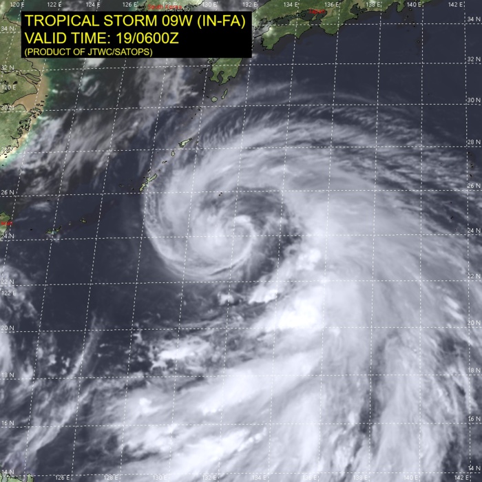 TS 09W(IN-FA).SATELLITE ANALYSIS, INITIAL POSITION AND INTENSITY DISCUSSION: ANIMATED MULTISPECTRAL SATELLITE IMAGERY (MSI) DEPICTS TIGHTLY- CURVED BANDING WRAPPING INTO A PARTIALLY-EXPOSED, WELL-DEFINED LOW- LEVEL CIRCULATION CENTER (LLCC), WHICH SUPPORTS THE INITIAL POSITION  AND RECENT TRACK MOTION WITH HIGH CONFIDENCE. THE 190000UTC 500MB  ANALYSIS CHART INDICATES THAT THE SUBTROPICAL RIDGE (STR) HAS BUILT  TO THE NORTH OF THE SYSTEM AS PREDICTED BY THE NUMERICAL MODELS.  SPECIFICALLY, THE NAZE SOUNDING (47909) NOW SHOWS DEEP EASTERLY FLOW  FROM THE SURFACE TO 400MB. AS A CONSEQUENCE, TS 09W HAS SLOWED AND  TURNED NORTHWESTWARD THROUGH 0600UTC AND WESTWARD FROM 0600-0800UTC. THE  INITIAL INTENSITY IS ASSESSED AT 50 KNOTS BASED ON AN AVERAGE OF  DVORAK ESTIMATES FROM PGTW, RJTD AND KNES RANGING FROM T3.0-3.5. A  190404UTC AMSR2 36GHZ MICROWAVE IMAGE REVEALS IMPROVED CENTRAL  CONVECTION WITH A MICROWAVE EYE FEATURE, WHICH IS CONSISTENT WITH  THE INITIAL INTENSITY OF 50 KNOTS. ENVIRONMENTAL ANALYSIS INDICATES  FAVORABLE CONDITIONS WITH ROBUST POLEWARD AND EQUATORWARD OUTFLOW  ENHANCED BY THE TUTT TO THE EAST, LOW VERTICAL WIND SHEAR (VWS) AND  WARM SST VALUES. TS 09W(IN-FA).SATELLITE ANALYSIS, INITIAL POSITION AND INTENSITY DISCUSSION: ANIMATED MULTISPECTRAL SATELLITE IMAGERY (MSI) DEPICTS TIGHTLY- CURVED BANDING WRAPPING INTO A PARTIALLY-EXPOSED, WELL-DEFINED LOW- LEVEL CIRCULATION CENTER (LLCC), WHICH SUPPORTS THE INITIAL POSITION  AND RECENT TRACK MOTION WITH HIGH CONFIDENCE. THE 190000UTC 500MB  ANALYSIS CHART INDICATES THAT THE SUBTROPICAL RIDGE (STR) HAS BUILT  TO THE NORTH OF THE SYSTEM AS PREDICTED BY THE NUMERICAL MODELS.  SPECIFICALLY, THE NAZE SOUNDING (47909) NOW SHOWS DEEP EASTERLY FLOW  FROM THE SURFACE TO 400MB. AS A CONSEQUENCE, TS 09W HAS SLOWED AND  TURNED NORTHWESTWARD THROUGH 0600UTC AND WESTWARD FROM 0600-0800UTC. THE  INITIAL INTENSITY IS ASSESSED AT 50 KNOTS BASED ON AN AVERAGE OF  DVORAK ESTIMATES FROM PGTW, RJTD AND KNES RANGING FROM T3.0-3.5. A  190404UTC AMSR2 36GHZ MICROWAVE IMAGE REVEALS IMPROVED CENTRAL  CONVECTION WITH A MICROWAVE EYE FEATURE, WHICH IS CONSISTENT WITH  THE INITIAL INTENSITY OF 50 KNOTS. ENVIRONMENTAL ANALYSIS INDICATES  FAVORABLE CONDITIONS WITH ROBUST POLEWARD AND EQUATORWARD OUTFLOW  ENHANCED BY THE TUTT TO THE EAST, LOW VERTICAL WIND SHEAR (VWS) AND  WARM SST VALUES.