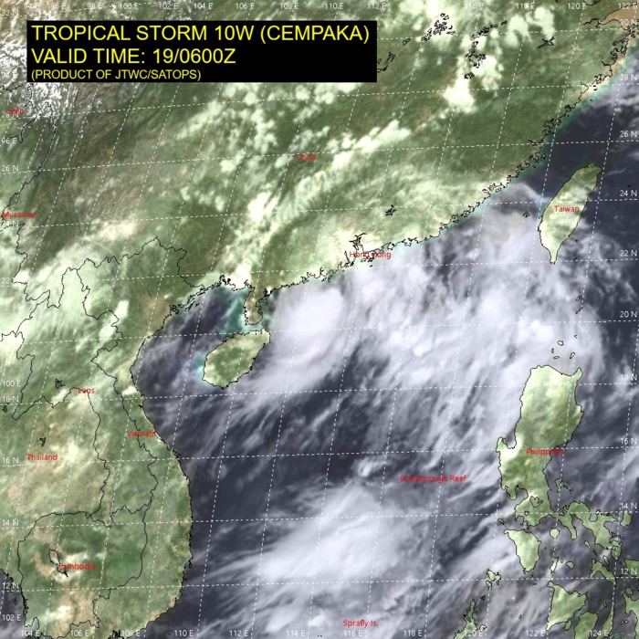 TS 10W(CEMPAKA). SATELLITE ANALYSIS, INITIAL POSITION AND INTENSITY DISCUSSION: ANIMATED MULTISPECTRAL SATELLITE IMAGERY (MSI) DEPICTS A COMPACT, CONSOLIDATING SYSTEM WITH TIGHTLY-CURVED BANDING WRAPPING INTO A WELL-DEFINED LOW-LEVEL CIRCULATION CENTER (LLCC). A 190542UTC AMSR2 MICROWAVE IMAGE REVEALS A MICROWAVE EYE FEATURE, WHICH SUPPORTS THE THE INITIAL POSITION WITH HIGH CONFIDENCE. THE INITIAL INTENSITY OF 50 KNOTS IS ASSESSED WITH HIGH CONFIDENCE BASED ON THE KNES AND PGTW DVORAK ESTIMATES AS WELL AS THE ADT ESTIMATE OF 47 KNOTS (190810Z ADT ESTIMATE NOW 49 KNOTS WITH WEAK EYE DEVELOPING IN VISIBLE IMAGERY). ENVIRONMENTAL ANALYSIS INDICATES FAVORABLE CONDITIONS WITH MODERATE POLEWARD AND EQUATORWARD OUTFLOW, LOW VERTICAL WIND SHEAR AND WARM SST VALUES.