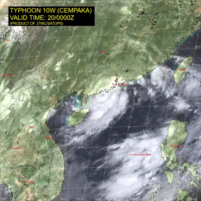 TY 10W(CEMPAKA).SATELLITE ANALYSIS, INITIAL POSITION AND INTENSITY DISCUSSION: ANIMATED MULTISPECTRAL SATELLITE IMAGERY (MSI) SHOWS THE SYSTEM HAS MAINTAINED OVERALL CONVECTIVE SIGNATURE AND A DEFINED, ALBEIT CLOUD-FILLED EYE, AS IT TRACKED VERY SLOWLY TOWARD CHINA. THE INITIAL POSITION IS PLACED WITH HIGH CONFIDENCE BASED ON THE EYE FEATURES BOTH IN THE MSI AND CNA COMPOSITE RADAR LOOPS THAT LINED UP PERFECTLY WITH A MICROWAVE EYE IN THE 192317UTC SSMIS 37GHZ IMAGE. THE INITIAL INTENSITY OF 65 KNOTS/CAT 1 IS ASSESSED WITH HIGH CONFIDENCE BASED ON THE DVORAK ESTIMATES FROM PGTW AND KNES AND REFLECTS THE SUSTAINED METSAT SIGNATURE. TY 10W(CEMPAKA).SATELLITE ANALYSIS, INITIAL POSITION AND INTENSITY DISCUSSION: ANIMATED MULTISPECTRAL SATELLITE IMAGERY (MSI) SHOWS THE SYSTEM HAS MAINTAINED OVERALL CONVECTIVE SIGNATURE AND A DEFINED, ALBEIT CLOUD-FILLED EYE, AS IT TRACKED VERY SLOWLY TOWARD CHINA. THE INITIAL POSITION IS PLACED WITH HIGH CONFIDENCE BASED ON THE EYE FEATURES BOTH IN THE MSI AND CNA COMPOSITE RADAR LOOPS THAT LINED UP PERFECTLY WITH A MICROWAVE EYE IN THE 192317UTC SSMIS 37GHZ IMAGE. THE INITIAL INTENSITY OF 65 KNOTS/CAT 1 IS ASSESSED WITH HIGH CONFIDENCE BASED ON THE DVORAK ESTIMATES FROM PGTW AND KNES AND REFLECTS THE SUSTAINED METSAT SIGNATURE.