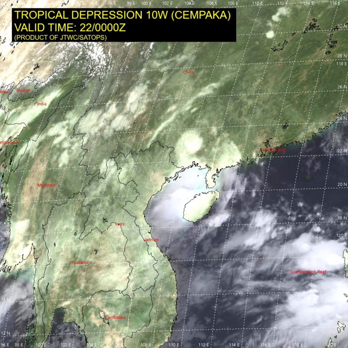 10W(CEMPAKA).SATELLITE ANALYSIS, INITIAL POSITION AND INTENSITY DISCUSSION: ANIMATED MULTISPECTRAL SATELLITE IMAGERY (MSI) DEPICTS DECREASING CONVECTION AND ORGANIZATION OVER TD 10W. THE MAJORITY OF DEEP CONVECTION IS FORMING ALONG THE IMMEDIATE COASTLINE DUE TO ON-SHORE FLOW. SURFACE REPORTS AND RADAR ANIMATION INDICATE THE VORTEX REMAINS INTACT AND HAS TURNED BACK TOWARDS THE COAST. 10W(CEMPAKA).SATELLITE ANALYSIS, INITIAL POSITION AND INTENSITY DISCUSSION: ANIMATED MULTISPECTRAL SATELLITE IMAGERY (MSI) DEPICTS DECREASING CONVECTION AND ORGANIZATION OVER TD 10W. THE MAJORITY OF DEEP CONVECTION IS FORMING ALONG THE IMMEDIATE COASTLINE DUE TO ON-SHORE FLOW. SURFACE REPORTS AND RADAR ANIMATION INDICATE THE VORTEX REMAINS INTACT AND HAS TURNED BACK TOWARDS THE COAST.