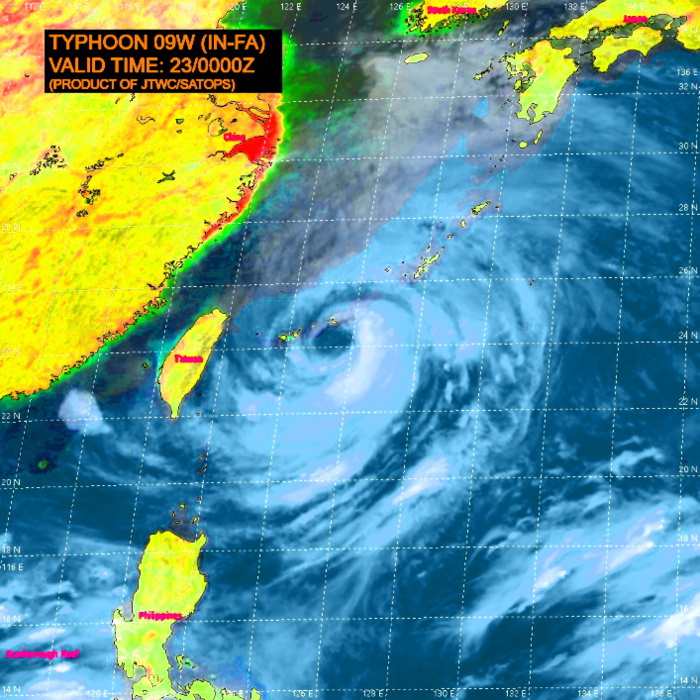 09W(IN-FA).SATELLITE ANALYSIS, INITIAL POSITION AND INTENSITY DISCUSSION: ANIMATED MULTISPECTRAL SATELLITE IMAGERY (MSI) AND A 222236UTC SSMIS SERIES SHOWS THE EYE OF TY 09W WEAKENING OVER THE POLEWARD SEMICIRCLE. ANIMATED WATER VAPOR IMAGERY SHOWS INCREASING PRESSURE ON THE OUTFLOW OVER THE NORTHWESTERN QUADRANT. THE HWRF-P COUPLED MODEL SHOWS INCREASING COOLING OF THE SEA SURFACE AROUND THE CORE DUE TO THE CHURNING CAUSED BY THE RELATIVELY SLOW MOVEMENT OF THE  SYSTEM. THE UPWELLING, SUPPRESSED OUTFLOW, AND DISSIPATION OF ENERGY  INDICATED BY THE EXPANSIVE EYE SEEM TO BE ACTING AS BRAKING MECHANISMS ON THE INTENSITY OF THE SYSTEM. THE CURRENT INTENSITY ASSESSMENT IS BASED ON MULTIPLE AGENCY DVORAK ESTIMATES AND AN ADT EVALUATION OF 74KNOTS. TY 09W IS UNDERWAY ON ITS NORTHWESTERLY LEG  THROUGH 48H AND IS STEERING ALONG THE SOUTHWESTERN PERIPHERY OF A  DEEP LAYER RIDGE.