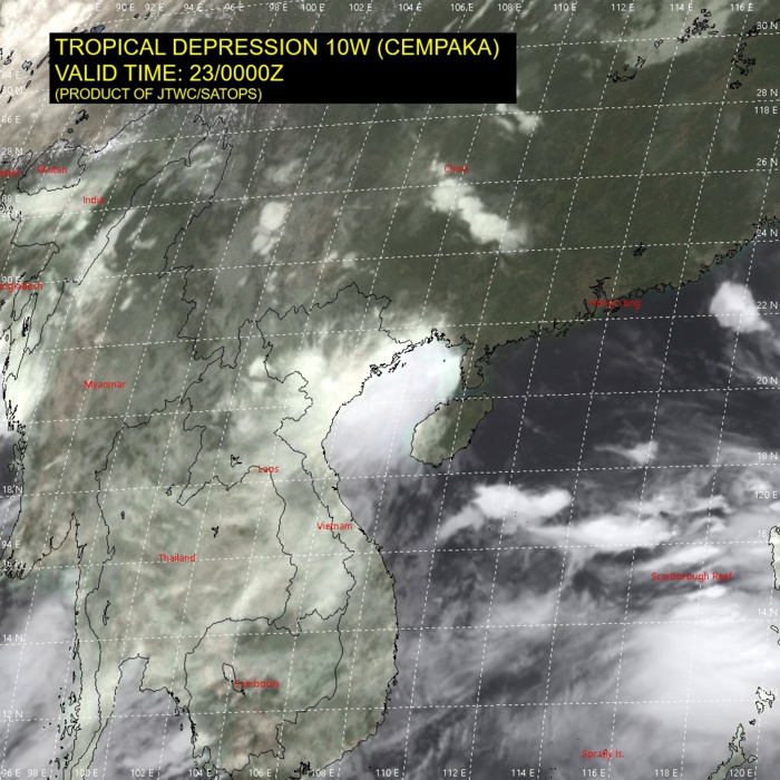 10W(CEMPAKA). SATELLITE ANALYSIS, INITIAL POSITION AND INTENSITY DISCUSSION: ANIMATED MULTISPECTRAL SATELLITE IMAGERY (MSI), ANIMATED RADAR IMAGERY, AND SURFACE REPORTS ALONG COASTAL CHINA AND VIETNAM CONFIRM THAT THE VORTEX OF TD 10W REMAINS INTACT AND HAS MOVED OFF-SHORE. SOME DISORGANIZED CONVECTION PERSISTS WITH THE SYSTEM, PARTICULARLY SOUTH OF THE LOW LEVEL CIRCULATION CENTER (LLCC).  DURING THE PAST 18 HOURS VERTICAL WIND SHEAR (VWS) HAS INCREASED SUBSTANTIALLY OVER THE GULF OF TONKIN, CREATING AN UNFAVORABLE ENVIRONMENT FOR SYSTEM REGENERATION.