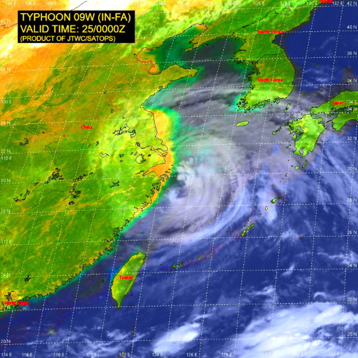 09W(IN-FA).SATELLITE ANALYSIS, INITIAL POSITION AND INTENSITY DISCUSSION: ANIMATED MULTISPECTRAL SATELLITE IMAGERY (MSI) SHOWS FEEDER BAND CONVECTIVE TOPS CONTINUED TO WARM UP AND UNRAVEL; HOWEVER THE CENTRAL DENSE OVERCAST FEATURE REMAINS INTACT AND MAINTAINED A LARGE 75KM RAGGED EYE. THE INITIAL INTENSITY IS PLACED WITH HIGH CONFIDENCE BASED ON THE EYE THAT WAS COINCIDED WITH AN LOW LEVEL CENTER FEATURE IN A CMA COMPOSITE RADAR LOOP. THE INITIAL INTENSITY OF 65KNOTS/CAT 1 IS ASSESSED WITH HIGH CONFIDENCE BASED ON OVERALL ASSESSMENT OF AGENCY AND AUTOMATED DVORAK FIXES TO REFLECT THE DETERIORATING CONVECTIVE STAGE BUT MAINTAINED THE TYPHOON INTENSITY. 09W(IN-FA).SATELLITE ANALYSIS, INITIAL POSITION AND INTENSITY DISCUSSION: ANIMATED MULTISPECTRAL SATELLITE IMAGERY (MSI) SHOWS FEEDER BAND CONVECTIVE TOPS CONTINUED TO WARM UP AND UNRAVEL; HOWEVER THE CENTRAL DENSE OVERCAST FEATURE REMAINS INTACT AND MAINTAINED A LARGE 75KM RAGGED EYE. THE INITIAL INTENSITY IS PLACED WITH HIGH CONFIDENCE BASED ON THE EYE THAT WAS COINCIDED WITH AN LOW LEVEL CENTER FEATURE IN A CMA COMPOSITE RADAR LOOP. THE INITIAL INTENSITY OF 65KNOTS/CAT 1 IS ASSESSED WITH HIGH CONFIDENCE BASED ON OVERALL ASSESSMENT OF AGENCY AND AUTOMATED DVORAK FIXES TO REFLECT THE DETERIORATING CONVECTIVE STAGE BUT MAINTAINED THE TYPHOON INTENSITY.