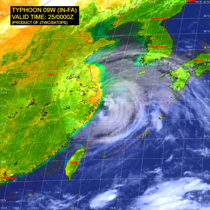 09W(IN-FA).SATELLITE ANALYSIS, INITIAL POSITION AND INTENSITY DISCUSSION: ANIMATED MULTISPECTRAL SATELLITE IMAGERY (MSI) SHOWS FEEDER BAND CONVECTIVE TOPS CONTINUED TO WARM UP AND UNRAVEL; HOWEVER THE CENTRAL DENSE OVERCAST FEATURE REMAINS INTACT AND MAINTAINED A LARGE 75KM RAGGED EYE. THE INITIAL INTENSITY IS PLACED WITH HIGH CONFIDENCE BASED ON THE EYE THAT WAS COINCIDED WITH AN LOW LEVEL CENTER FEATURE IN A CMA COMPOSITE RADAR LOOP. THE INITIAL INTENSITY OF 65KNOTS/CAT 1 IS ASSESSED WITH HIGH CONFIDENCE BASED ON OVERALL ASSESSMENT OF AGENCY AND AUTOMATED DVORAK FIXES TO REFLECT THE DETERIORATING CONVECTIVE STAGE BUT MAINTAINED THE TYPHOON INTENSITY.