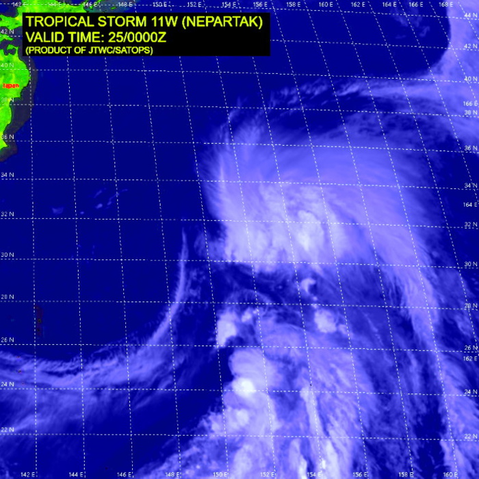 11W(NEPARTAK).SATELLITE ANALYSIS, INITIAL POSITION AND INTENSITY DISCUSSION: ANIMATED MULTISPECTRAL SATELLITE IMAGERY (MSI) SHOWS THE LOW LEVEL CIRCULATION (LLC) IS NOW FULLY EXPOSED. IT IS WEAK AND RAGGED WITH THE MAIN CONVECTION SHEARED OVER 185KM NORTHEASTWARD. THE INITIAL POSITION IS PLACED WITH HIGH CONFIDENCE BASED ON THE LLC IN THE MSI LOOP. THE INITIAL INTENSITY OF 35 KNOTS IS ASSESSED WITH LOW CONFIDENCE BASED ON THE PGTW DVORAK THAT IS BASED ON SUBTROPICAL METHOD.