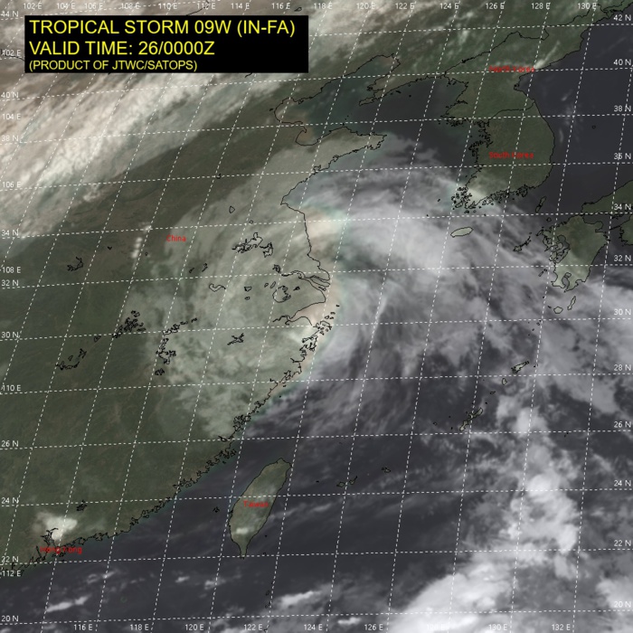 09W(IN-FA).SATELLITE ANALYSIS, INITIAL POSITION AND INTENSITY DISCUSSION: ANIMATED MULTISPECTRAL SATELLITE IMAGERY (MSI) SHOWS THE SYSTEM CONTINUED TO ERODE AS IT MADE LANDFALL JUST SOUTH OF SHANGHAI. THE INITIAL POSITION IS PLACED WITH HIGH CONFIDENCE BASED ON A DEFINED LOW LEVEL CIRCULATION FEATURE IN A CMA COMPOSITE RADAR LOOP. THE INITIAL INTENSITY OF 40KNOTS IS BASED ON EXTRAPOLATION FROM RECENT AGENCY DVORAK AND AUTOMATED FIXES AND EXTRAPOLATED FROM NEARBY WIND AND PRESSURE OBSERVATIONS AND CONSISTENT WITH THE DEGRADED METSAT SIGNATURE. 09W(IN-FA).SATELLITE ANALYSIS, INITIAL POSITION AND INTENSITY DISCUSSION: ANIMATED MULTISPECTRAL SATELLITE IMAGERY (MSI) SHOWS THE SYSTEM CONTINUED TO ERODE AS IT MADE LANDFALL JUST SOUTH OF SHANGHAI. THE INITIAL POSITION IS PLACED WITH HIGH CONFIDENCE BASED ON A DEFINED LOW LEVEL CIRCULATION FEATURE IN A CMA COMPOSITE RADAR LOOP. THE INITIAL INTENSITY OF 40KNOTS IS BASED ON EXTRAPOLATION FROM RECENT AGENCY DVORAK AND AUTOMATED FIXES AND EXTRAPOLATED FROM NEARBY WIND AND PRESSURE OBSERVATIONS AND CONSISTENT WITH THE DEGRADED METSAT SIGNATURE.