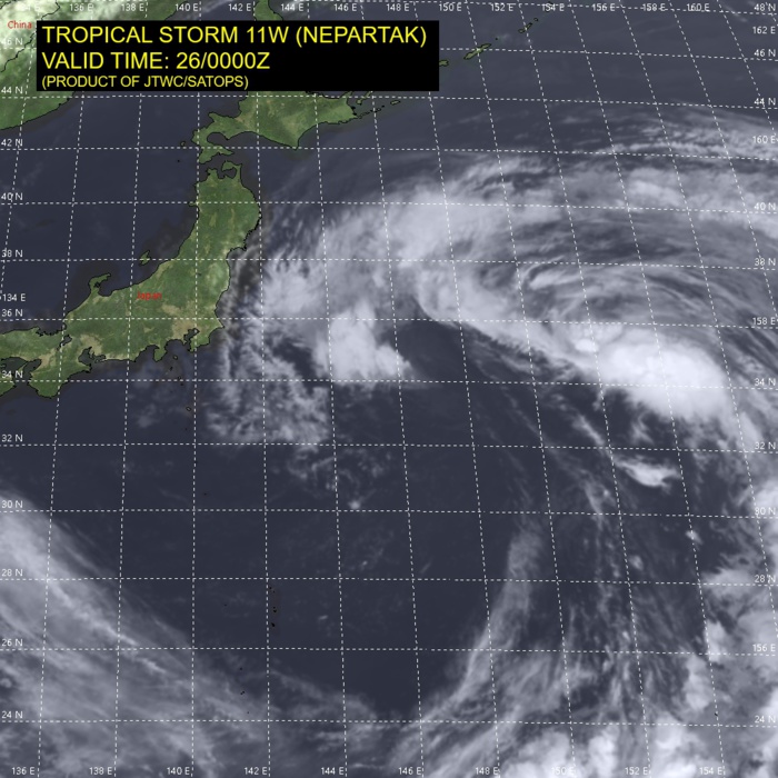 11W(NEPARTAK).SATELLITE ANALYSIS, INITIAL POSITION AND INTENSITY DISCUSSION: ANIMATED MULTISPECTRAL SATELLITE IMAGERY (MSI) SHOWS A SUBTROPICAL SYSTEM WITH A BROAD, LONG SWATH OF CONVECTION CURLING INTO AN ELONGATED, NARROW, AND PARTLY EXPOSED LOW LEVEL CIRCULATION (LLC). THE MULTIPLE VORTICES OBSERVED PRIOR TO THIS WARNING CYCLE HAVE COALESCED INTO THIS LLC, WHICH WAS THE CENTROID THAT WAS BEING TRACKED BY JTWC. THE INITIAL POSITION IS PLACED WITH MEDIUM CONFIDENCE ON THIS LLC WHICH WAS PARTIALLY CAPTURED BY A 252320Z ASCAT PASS. THE INITIAL INTENSITY OF 35KNOTS IS BASED ON PATCHES OF 35-KT WIND BARBS DEPICTED IN THE ASCAT PASS OVER 220KM NORTHEASTWARD FROM THE LLC UNDER THE SWATH OF CONVECTION. ALTHOUGH NOT REPRESENTATIVE OF THE STORM POSITION, THE INITIAL INTENSITY IS SUPPORTED BY THE PGTW DVORAK AND THE ADT AUTOMATED FIXES.