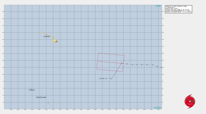 EASTERN PACIFIC. INVEST 98E. TROPICAL CYCLONE FORMATION ALERT RE-ISSUED AT 26/01UTC.N AREA OF CONVECTION PREVIOUSLY LOCATED NEAR 13.1N  130.3W IS NOW LOCATED NEAR 13.2N 136.5W, APPROXIMATELY 2430 KM EAST- SOUTHEAST OF HONOLULU, HAWAII. ANIMATED MULTISPECTRAL SATELLITE  IMAGERY AND A 252203Z ATM 88 GHZ MICROWAVE PASS DEPICT AN IRREGULAR  LOW LEVEL CIRCULATION (LLC) WITH DEEPENING CONVECTION TO THE NORTH  AND ALONG A FRAGMENTED SOUTHERN BAND. A 251822Z ASCAT-B IMAGE SHOWS  AN ELONGATED CIRCULATION WITH 25 KNOT WIND BARBS IN THE NORTHERN  SEMI-CIRCLE, LIKELY ASSOCIATED WITH THUNDERSTORM ACTIVITY, AND LOWER  WIND BARBS ELSEWHERE. ENVIRONMENTAL ANALYSIS INDICATES INVEST 98E IS  LOCATED IN AN AREA FAVORABLE FOR DEVELOPMENT WITH GOOD POLEWARD  OUTFLOW ALOFT, WEAK VERTICAL WIND SHEAR (10-15KTS) AND WARM SEA  SURFACE TEMPERATURES (28-29C). MAXIMUM SUSTAINED SURFACE WINDS ARE  ESTIMATED AT 20 TO 25 KNOTS. MINIMUM SEA LEVEL PRESSURE IS ESTIMATED  TO BE NEAR 1004 MB. THE POTENTIAL FOR THE DEVELOPMENT OF A  SIGNIFICANT TROPICAL CYCLONE WITHIN THE NEXT 24 HOURS REMAINS HIGH.