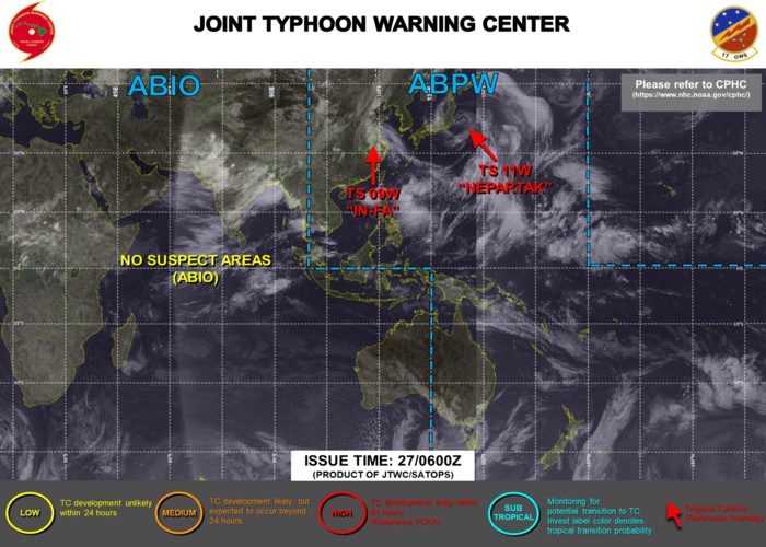 JTWC IS ISSUING 6HOURLY WARNINGS ON 11W. THEY WERE DISCONTINUED ON 09W AT 26/09UTC. 3HOURLY SATELLITE BULLETINS ARE ISSUED ON 11W AND ON 09W(OVER-LAND).