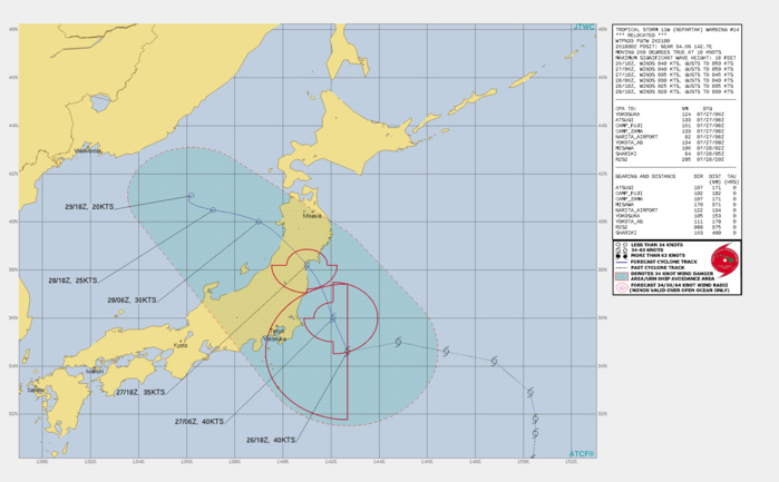 STS 11W(NEPARTAK). WARNING 15 ISSUED AT 27/03UTC.THERE ARE NO SIGNIFICANT CHANGES TO THE FORECAST FROM THE PREVIOUS WARNING.  FORECAST DISCUSSION: 11W IS FORECAST TO TRACK NORTH-NORTHWESTWARD  THROUGH 24H AS IT MAKES LANDFALL AND TRACKS OVER THE JAPAN ALPS.  SLIGHT WEAKENING IS EXPECTED AS THE SUBTROPICAL STORM TRACKS  OVERLAND. AFTER 24H, 11W WILL TURN NORTHWESTWARD TO WEST- NORTHWESTWARD AS THE STEERING TRANSITIONS TO AN EXTENSION OF THE SUBTROPICAL RIDGE  POSITIONED TO THE NORTH. AS 11W REEMERGES OVER THE EAST SEA, THE  SYSTEM WILL WEAKEN STEADILY DUE TO INCREASING VERTICAL WIND SHEAR  (25 TO 35 KNOTS) ASSOCIATED WITH STRONG NORTHERLY FLOW ALOFT WITH  DISSIPATION EXPECTED BY 72H.