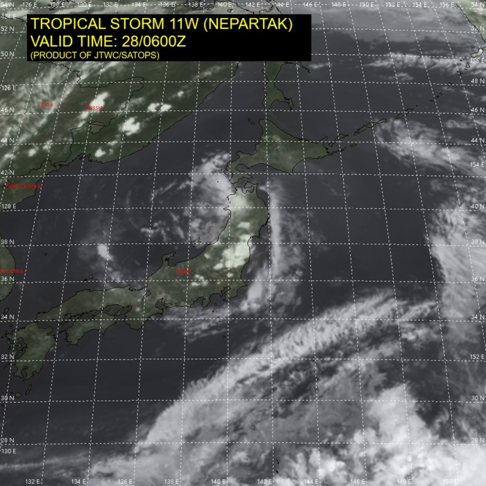 11W(NEPARTAK). SATELLITE ANALYSIS, INITIAL POSITION AND INTENSITY DISCUSSION: 11 (NEPARTAK) REMAINS CLASSIFIED AS A SUBTROPICAL DEPRESSION. ANIMATED MULTISPECTRAL SATELLITE IMAGERY (MSI) DEPICTS A RAGGED AND DISORGANIZED LOW LEVEL CIRCULATION (LLC) CENTERED OVER THE FAR WESTERN PORTION OF NORTHERN HONSHU. SCATTERED WEAK CONVECTIVE ACTIVITY IS FLARING OVER AND JUST NORTHWEST OF THE ASSESSED CENTER, BUT OVERALL THE CONVECTIVE STRUCTURE HAS COLLAPSED AS THE SYSTEM CROSSED OVER THE NORTHERN JAPANESE ALPS. THE SYSTEM REMAINS UNDER AN UPPER-LEVEL LOW, AND CIRA THERMAL CROSS SECTIONS CONTINUE TO EXHIBIT STRONG SUBTROPICAL CHARACTERISTICS, WITH A WEAK COLD ANOMALY IN THE LOW TO MID-LEVELS TOPPED BY A MODERATELY STRONG WARM ANOMALY IN THE UPPER LEVELS. THE INITIAL POSITION IS ASSESSED WITH MEDIUM CONFIDENCE, AS THERE IS A LARGE DISCREPANCY BETWEEN THE PGTW AND RJTD FIX POSITIONS, WITH RJTD WELL OUT TO SEA WHILE PGTW REMAINS OVER LAND. SURFACE OBSERVATIONS FROM FUKAURA AND ANIMATED RADAR DATA ASSISTED IN REFINING THE INITIAL POSITION. THE INITIAL INTENSITY REMAINS AT 30 KNOTS WITH MEDIUM CONFIDENCE BASED PRIMARILY ON THE SURFACE PRESSURE READINGS OF 999 MB FROM FUKAURA.