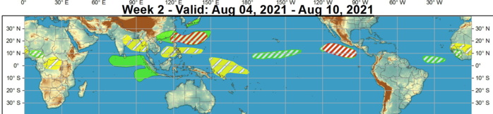 A favorable environment for additional tropical cyclone development is forecast to persist into Week-2, prompting a moderate confidence hazard on the outlook. No tropical cyclones are anticipated to form across the Main Development Region of the Atlantic during the outlook period, though conditions are anticipated to become slightly more favorable towards the end of Week-2, with dynamical models showing a disturbance emerging off the coast of Africa. Should the MJO or additional Kelvin waves cross the Western Hemisphere during Week-2, conditions may become more favorable for development during the Week-34 time frame. NOAA.