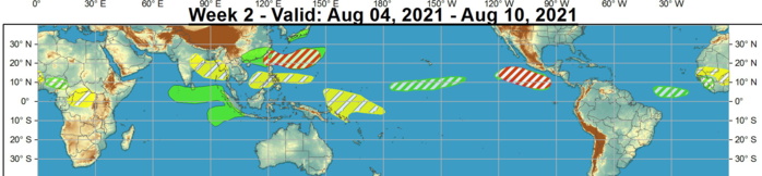 A favorable environment for additional tropical cyclone development is forecast to persist into Week-2, prompting a moderate confidence hazard on the outlook. No tropical cyclones are anticipated to form across the Main Development Region of the Atlantic during the outlook period, though conditions are anticipated to become slightly more favorable towards the end of Week-2, with dynamical models showing a disturbance emerging off the coast of Africa. Should the MJO or additional Kelvin waves cross the Western Hemisphere during Week-2, conditions may become more favorable for development during the Week-34 time frame. NOAA. A favorable environment for additional tropical cyclone development is forecast to persist into Week-2, prompting a moderate confidence hazard on the outlook. No tropical cyclones are anticipated to form across the Main Development Region of the Atlantic during the outlook period, though conditions are anticipated to become slightly more favorable towards the end of Week-2, with dynamical models showing a disturbance emerging off the coast of Africa. Should the MJO or additional Kelvin waves cross the Western Hemisphere during Week-2, conditions may become more favorable for development during the Week-34 time frame. NOAA.