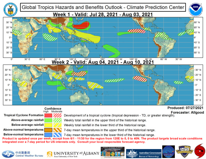 The precipitation outlook during the next two weeks is based on a consensus of GEFS, CFS, and ECMWF guidance, with some consideration given to precipitation composites based on prior MJO events. For hazardous weather concerns during the next two weeks across the U.S., please refer to your local NWS Forecast Office, the Weather Prediction Center's Medium Range Hazards Forecast, and CPC's Week-2 Hazards Outlook. Forecasts over Africa are made in consultation with the International Desk at CPC and can represent local-scale conditions in addition to global scale variability. NOAA. The precipitation outlook during the next two weeks is based on a consensus of GEFS, CFS, and ECMWF guidance, with some consideration given to precipitation composites based on prior MJO events. For hazardous weather concerns during the next two weeks across the U.S., please refer to your local NWS Forecast Office, the Weather Prediction Center's Medium Range Hazards Forecast, and CPC's Week-2 Hazards Outlook. Forecasts over Africa are made in consultation with the International Desk at CPC and can represent local-scale conditions in addition to global scale variability. NOAA.