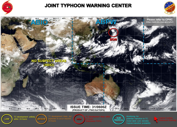 INVEST 95W WAS UP-GRADED TO HIGH AT 30/14UTC: HIGH CHANCES OF DEVELOPING AT LEAST 25KNOT WINDS CLOSE TO ITS CENTER WITHIN 24HOURS. 3 HOURLY SATELITTE BULLETINS ARE ISSUED ON THIS SYSTEM BY THE JTWC. INVEST 95W WAS UP-GRADED TO HIGH AT 30/14UTC: HIGH CHANCES OF DEVELOPING AT LEAST 25KNOT WINDS CLOSE TO ITS CENTER WITHIN 24HOURS. 3 HOURLY SATELITTE BULLETINS ARE ISSUED ON THIS SYSTEM BY THE JTWC.