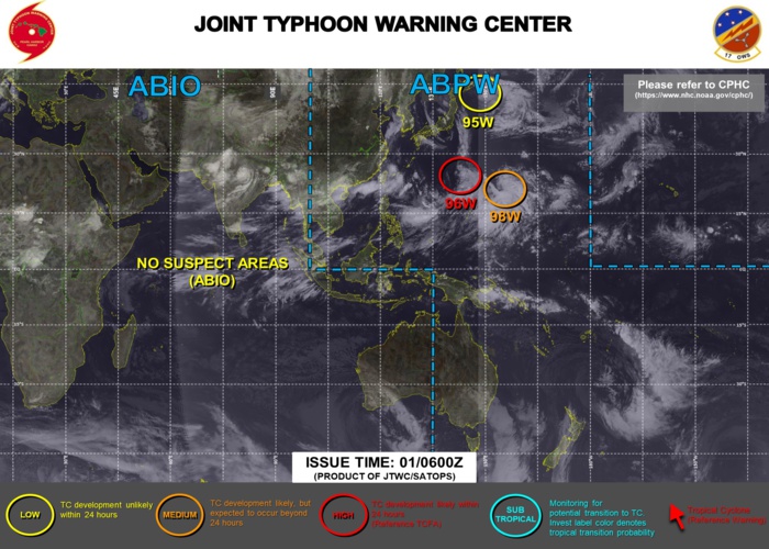 Western Pacific: 3 systems being monitored:Tropical Cyclone Formation Alert for Invest 96W//Eastern Pacific: Hurricane 08E(HILDA) intensifying, 01/06utc updates