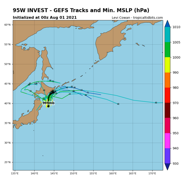 INVEST 95W.THE AREA OF CONVECTION (INVEST 95W) PREVIOUSLY LOCATED  NEAR 39.4N 143.5E IS NOW LOCATED NEAR 39.3N 143.3E, APPROXIMATELY  215 KM SOUTHEAST OF MISAWA AB.. ANIMATED MULTISPECTRAL SATELLITE  IMAGERY DEPICTS A FULLY-EXPOSED LOW-LEVEL CIRCULATION (LLC) VOID OF  DEEP CONVECTION SUPPORTED BY A 010337Z AMSR2 89GHZ MICROWAVE IMAGE.  INVEST 95W IS LOCATED WITHIN A BELT OF STRONG (40-50 KTS) SOUTHERLY  WINDS ON THE EASTERN PERIPHERY OF AN UPPER  LEVEL SUBTROPICAL LOW POSITIONED OVER CENTRAL JAPAN. ADDITIONALLY,  VERTICAL WIND SHEAR VALUES ARE STRONG (30-40 KTS), SST VALUES ARE  NOT CONDUCIVE AT 23C AND THERE IS SIGNIFICANT DRY AIR THROUGHOUT THE  MID AND UPPER LEVELS. GLOBAL MODELS INDICATE THE SYSTEM WILL  DISSIPATE AS IT TRACKS INTO HOKKAIDO. MAXIMUM SUSTAINED SURFACE  WINDS ARE ESTIMATED AT 15 TO 20 KNOTS. MINIMUM SEA LEVEL PRESSURE IS  ESTIMATED TO BE NEAR 995 MB. THE POTENTIAL FOR THE DEVELOPMENT OF A  SIGNIFICANT TROPICAL CYCLONE WITHIN THE NEXT 24 HOURS REMAINS LOW. INVEST 95W.THE AREA OF CONVECTION (INVEST 95W) PREVIOUSLY LOCATED  NEAR 39.4N 143.5E IS NOW LOCATED NEAR 39.3N 143.3E, APPROXIMATELY  215 KM SOUTHEAST OF MISAWA AB.. ANIMATED MULTISPECTRAL SATELLITE  IMAGERY DEPICTS A FULLY-EXPOSED LOW-LEVEL CIRCULATION (LLC) VOID OF  DEEP CONVECTION SUPPORTED BY A 010337Z AMSR2 89GHZ MICROWAVE IMAGE.  INVEST 95W IS LOCATED WITHIN A BELT OF STRONG (40-50 KTS) SOUTHERLY  WINDS ON THE EASTERN PERIPHERY OF AN UPPER  LEVEL SUBTROPICAL LOW POSITIONED OVER CENTRAL JAPAN. ADDITIONALLY,  VERTICAL WIND SHEAR VALUES ARE STRONG (30-40 KTS), SST VALUES ARE  NOT CONDUCIVE AT 23C AND THERE IS SIGNIFICANT DRY AIR THROUGHOUT THE  MID AND UPPER LEVELS. GLOBAL MODELS INDICATE THE SYSTEM WILL  DISSIPATE AS IT TRACKS INTO HOKKAIDO. MAXIMUM SUSTAINED SURFACE  WINDS ARE ESTIMATED AT 15 TO 20 KNOTS. MINIMUM SEA LEVEL PRESSURE IS  ESTIMATED TO BE NEAR 995 MB. THE POTENTIAL FOR THE DEVELOPMENT OF A  SIGNIFICANT TROPICAL CYCLONE WITHIN THE NEXT 24 HOURS REMAINS LOW.