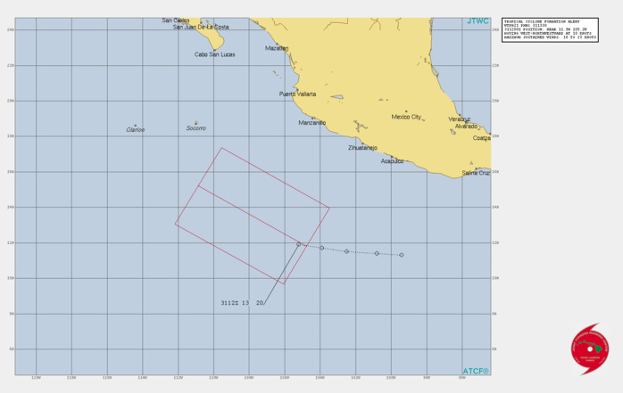 INVEST 91E. TROPICAL CYCLONE FORMATION ALERT ISSUED AT 31/1330UTC.AN AREA OF CONVECTION (INVEST 91E) HAS PERSISTED NEAR  11.9N 105.2W, APPROXIMATELY 2620 KM SOUTH-SOUTHEAST OF SAN DIEGO,  CALIFORNIA. ANIMATED ENHANCED INFRARED SATELLITE IMAGERY AND A  311200UTC SSMIS 91GHZ MICROWAVE IMAGE DEPICT DEEPENED CONVECTION  WRAPPING INTO A CONSOLIDATING LOW LEVEL CIRCULATION (LLC). UPPER- LEVEL ANALYSIS INDICATES THE DISTURBANCE IS LOCATED IN AN AREA OF  FAVORABLE CONDITIONS WITH WARM SEA SURFACE TEMPERATURES (27-28 C),  GOOD EQUATORWARD OUTFLOW, OFFSET BY LOW-MODERATE VERTICAL WIND SHEAR  (10-20 KNOTS). MAXIMUM SUSTAINED SURFACE WINDS ARE ESTIMATED AT 18 TO  23 KNOTS. MINIMUM SEA LEVEL PRESSURE IS ESTIMATED TO BE NEAR 1005  MB. THE POTENTIAL FOR THE DEVELOPMENT OF A SIGNIFICANT TROPICAL  CYCLONE WITHIN THE NEXT 24 HOURS IS HIGH. INVEST 91E. TROPICAL CYCLONE FORMATION ALERT ISSUED AT 31/1330UTC.AN AREA OF CONVECTION (INVEST 91E) HAS PERSISTED NEAR  11.9N 105.2W, APPROXIMATELY 2620 KM SOUTH-SOUTHEAST OF SAN DIEGO,  CALIFORNIA. ANIMATED ENHANCED INFRARED SATELLITE IMAGERY AND A  311200UTC SSMIS 91GHZ MICROWAVE IMAGE DEPICT DEEPENED CONVECTION  WRAPPING INTO A CONSOLIDATING LOW LEVEL CIRCULATION (LLC). UPPER- LEVEL ANALYSIS INDICATES THE DISTURBANCE IS LOCATED IN AN AREA OF  FAVORABLE CONDITIONS WITH WARM SEA SURFACE TEMPERATURES (27-28 C),  GOOD EQUATORWARD OUTFLOW, OFFSET BY LOW-MODERATE VERTICAL WIND SHEAR  (10-20 KNOTS). MAXIMUM SUSTAINED SURFACE WINDS ARE ESTIMATED AT 18 TO  23 KNOTS. MINIMUM SEA LEVEL PRESSURE IS ESTIMATED TO BE NEAR 1005  MB. THE POTENTIAL FOR THE DEVELOPMENT OF A SIGNIFICANT TROPICAL  CYCLONE WITHIN THE NEXT 24 HOURS IS HIGH.