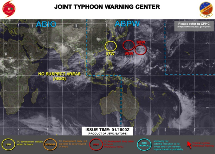 01/18UTC. A TROPICAL CYCLONE FORMATION ALERT ISSUED FOR BOTH INVEST 96W & INVEST 98W. BOTH AREAS HAVE HIGH CHANCES OF DEVELOPING AT LEAST 25KNOT WINDS NEAR THE CENTRER WITHIN 24HOURS. JTWC HAS BEEN ISSUING 3HOURLY SATELLITTE BULLETINS ON 96W. 01/18UTC. A TROPICAL CYCLONE FORMATION ALERT ISSUED FOR BOTH INVEST 96W & INVEST 98W. BOTH AREAS HAVE HIGH CHANCES OF DEVELOPING AT LEAST 25KNOT WINDS NEAR THE CENTRER WITHIN 24HOURS. JTWC HAS BEEN ISSUING 3HOURLY SATELLITTE BULLETINS ON 96W.