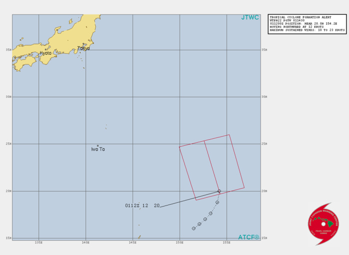 INVEST 98W. TROPICAL CYCLONE FORMATION ALERT ISSUED AT 01/1430UTC. THE AREA OF CONVECTION (INVEST 98W) PREVIOUSLY LOCATED  NEAR 17.5N 153.0E IS NOW LOCATED NEAR 20.0N 154.2E, APPROXIMATELY  1420 KM EAST-SOUTHEAST OF IWO-TO. ANIMATED ENHANCED INFRARED (EIR)  SATELLITE IMAGERY DEPICTS A BROAD AREA OF FLARING CONVECTION  OBSCURING AN ILL-DEFINED LOW LEVEL CIRCULATION (LLC). A 010749UTC  SSMIS 91GHZ MICROWAVE IMAGE REVEALS DEEP CONVECTION CONCENTRATED IN  THE SOUTHERN PERIPHERY. RECENT WATER VAPOR ANALYSIS INDICATES INVEST  98W IS LOCATED DIRECTLY SOUTH OF A TUTT CELL WHICH IS HINDERING  DEVELOPMENT AT THIS TIME. HOWEVER, THE TUTT CELL IS FORECAST TO  SHIFT WEST, THUS INCREASING UPPER LEVEL OUTFLOW AND POTENTIALLY  DEEPENING INVEST 98W. INVEST 98W IS IN A MARGINAL ENVIRONMENT WITH  ROBUST EQUATORWARD OUTFLOW ALOFT AND WARM (29-30 C) SEA SURFACE  TEMPERATURES, OFFSET BY MODERATE TO HIGH (15-25 KTS) VERTICAL WIND  SHEAR AND UPPER LEVEL CONVERGENCE ASSOCIATED WITH THE AFOREMENTIONED  TUTT CELL. INVEST 98W. TROPICAL CYCLONE FORMATION ALERT ISSUED AT 01/1430UTC. THE AREA OF CONVECTION (INVEST 98W) PREVIOUSLY LOCATED  NEAR 17.5N 153.0E IS NOW LOCATED NEAR 20.0N 154.2E, APPROXIMATELY  1420 KM EAST-SOUTHEAST OF IWO-TO. ANIMATED ENHANCED INFRARED (EIR)  SATELLITE IMAGERY DEPICTS A BROAD AREA OF FLARING CONVECTION  OBSCURING AN ILL-DEFINED LOW LEVEL CIRCULATION (LLC). A 010749UTC  SSMIS 91GHZ MICROWAVE IMAGE REVEALS DEEP CONVECTION CONCENTRATED IN  THE SOUTHERN PERIPHERY. RECENT WATER VAPOR ANALYSIS INDICATES INVEST  98W IS LOCATED DIRECTLY SOUTH OF A TUTT CELL WHICH IS HINDERING  DEVELOPMENT AT THIS TIME. HOWEVER, THE TUTT CELL IS FORECAST TO  SHIFT WEST, THUS INCREASING UPPER LEVEL OUTFLOW AND POTENTIALLY  DEEPENING INVEST 98W. INVEST 98W IS IN A MARGINAL ENVIRONMENT WITH  ROBUST EQUATORWARD OUTFLOW ALOFT AND WARM (29-30 C) SEA SURFACE  TEMPERATURES, OFFSET BY MODERATE TO HIGH (15-25 KTS) VERTICAL WIND  SHEAR AND UPPER LEVEL CONVERGENCE ASSOCIATED WITH THE AFOREMENTIONED  TUTT CELL.