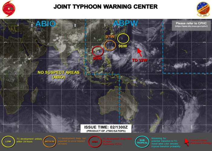 02/15UTC. INVEST 98W WAS UP-GRADED TO TD 12W AT 02/09UTC. A TROPICAL CYCLONE FORMATION ALERT WAS ISSUED AT 02/13UTC FOR INVEST 90W. INVEST 97W IS MEDIUM WHEREAS DEVELOPMENT IS STILL DEEMED UNLIKELY FOR INVEST 96W. JTWC IS ISSUING 6HOURLY WARNINGS ON 12W AND 3HOURLY SATELLITE BULLETINS ON 12W AND 90W.