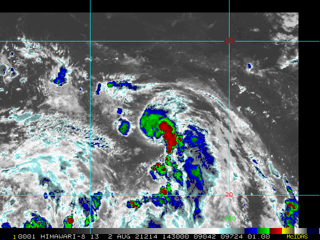 TD 12W. 08/1430UTC.SATELLITE ANALYSIS, INITIAL POSITION AND INTENSITY DISCUSSION: ANIMATED ENHANCED INFRARED (EIR) SATELLITE IMAGERY DEPICTS A  PARTIALLY EXPOSED LOW LEVEL CIRCULATION CENTER (LLCC) ON THE WESTERN EDGE OF A BLOOM OF DEEP CONVECTION. A 020737UTC SSMIS 91 GHZ MICROWAVE PASS SHOWED THE SHALLOW SPIRAL BANDS WRAPPING INTO THE WELL DEFINED LLCC AND THE BEGINNINGS OF THE FLARE UP IN CONVECTION. THE INITIAL POSITION IS PLACED WITH HIGH CONFIDENCE BASED ON A 021130UTC ASCAT-B SCATTEROMETER BULLSEYE WHICH SHOWED THE IMPROVED WIND FIELD, WITH 25-30 KNOT WINDS NOW EXTENDING FROM THE SOUTHERN TO NORTHWESTERN QUADRANTS AND THE HIGHEST WINDS EVIDENT IN THE NORTHEAST SECTOR. THE INITIAL INTENSITY IS ALSO ASSESSED WITH HIGH CONFIDENCE BASED ON THE AFOREMENTIONED ASCAT-B PASS. TD 12W LIES IN A STEADILY IMPROVING ENVIRONMENT CHARACTERIZED BY WARM SEA SURFACE TEMPERATURES (SSTS) AND MODERATE EQUATORWARD OUTFLOW, COMPETING WITH MODERATE WESTERLY VERTICAL WIND SHEAR (VWS).
